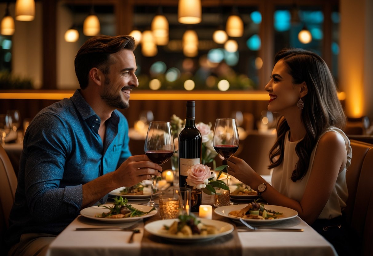 A couple enjoying a romantic dinner at a stylish restaurant with a beautifully set table and warm lighting.
