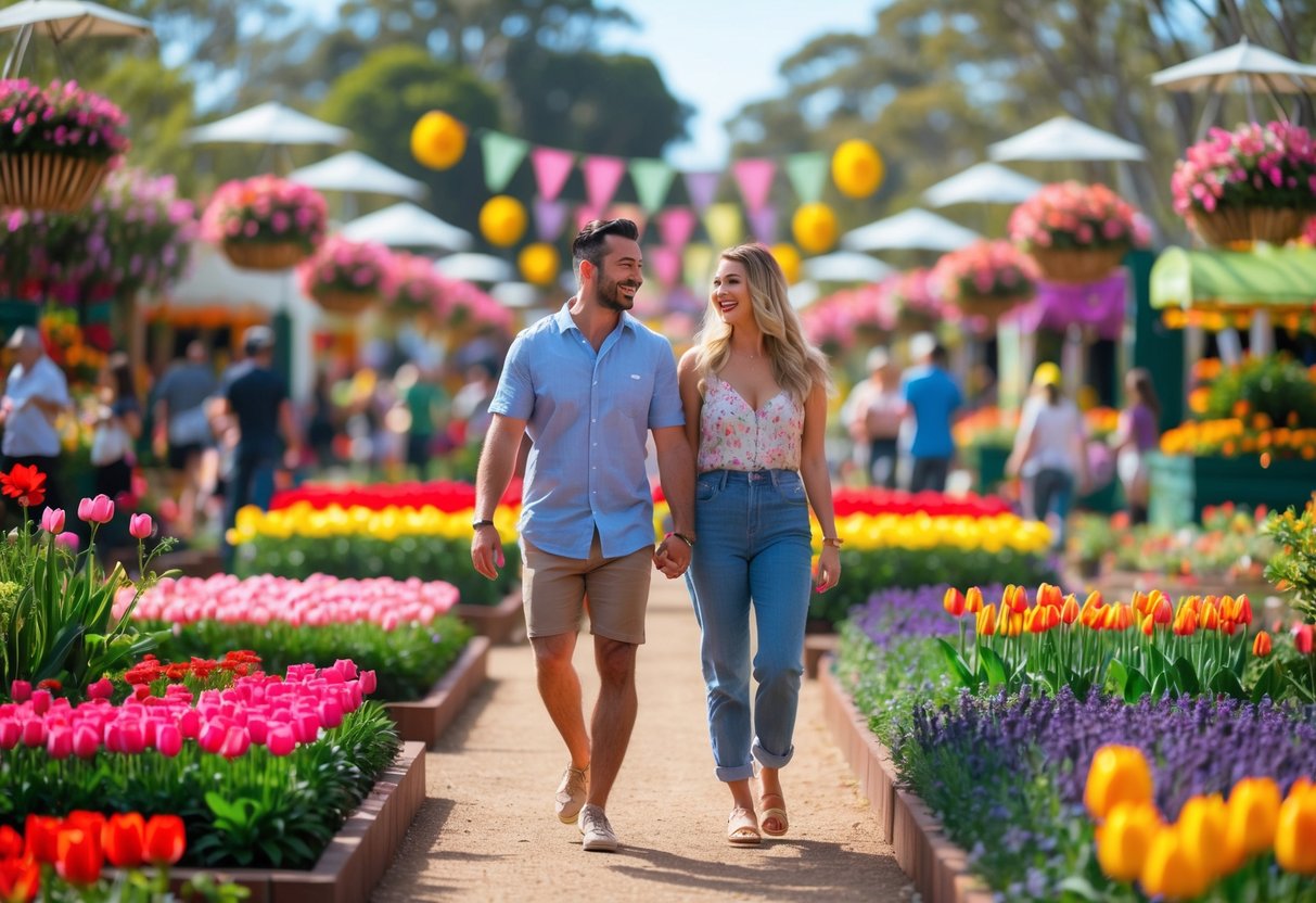 A couple walking hand-in-hand through a colorful flower garden filled with blooming flowers and greenery during a daytime outdoor festival.
