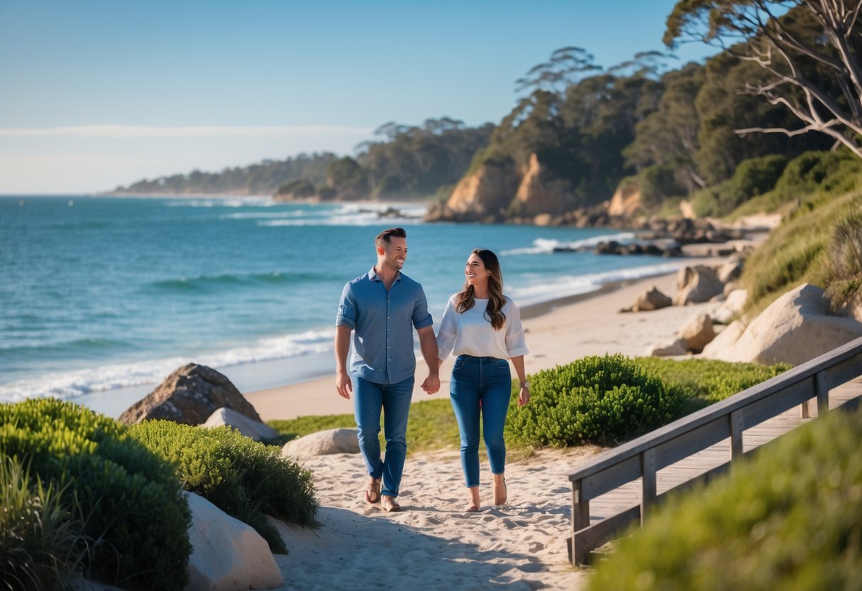 A couple enjoying a romantic date walking hand-in-hand along a sandy beach with ocean waves and rocks in the background.
