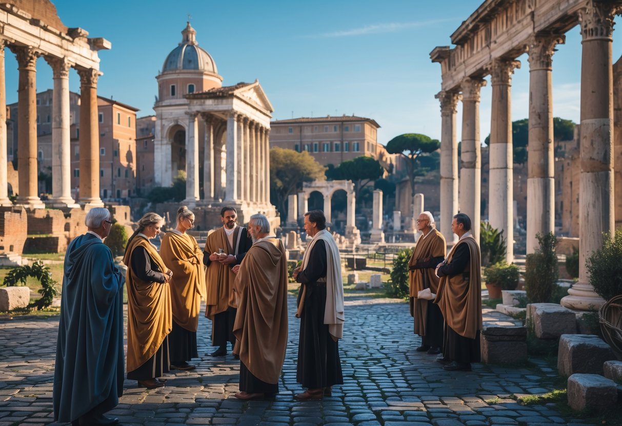 Ancient Roman ruins with people wearing traditional togas gathered outdoors under a clear sky, reflecting a significant cultural day in Rome.