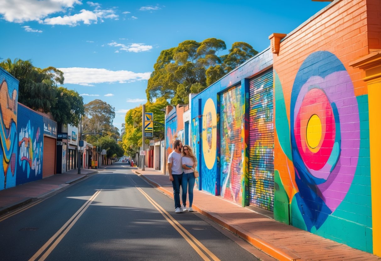 A young couple walking and enjoying colorful street art murals in a sunny city street with greenery.