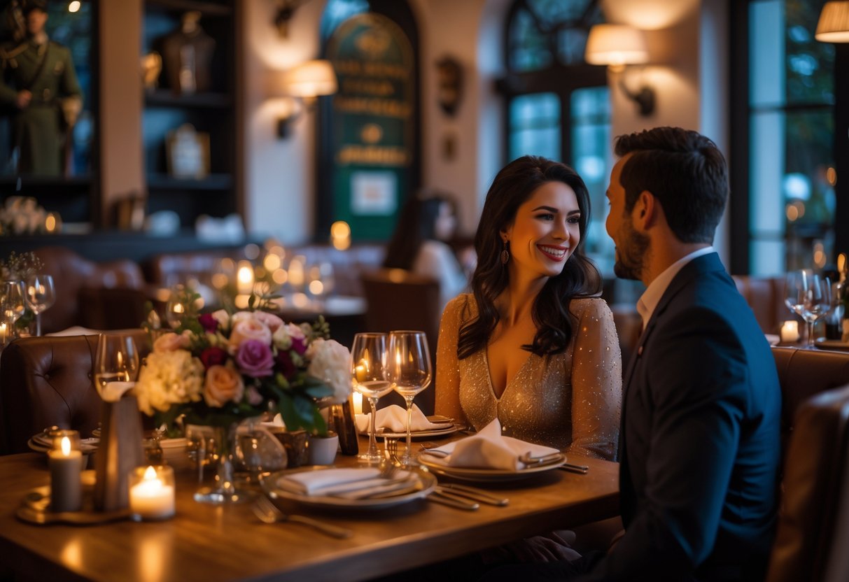 A couple enjoying a romantic dinner together at a warmly lit restaurant table.
