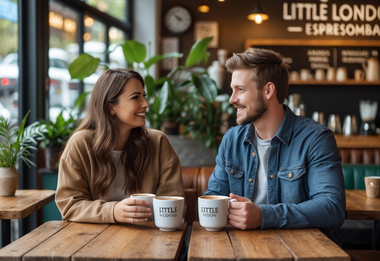 A young couple enjoying coffee together at a cozy café with wooden tables and plants.