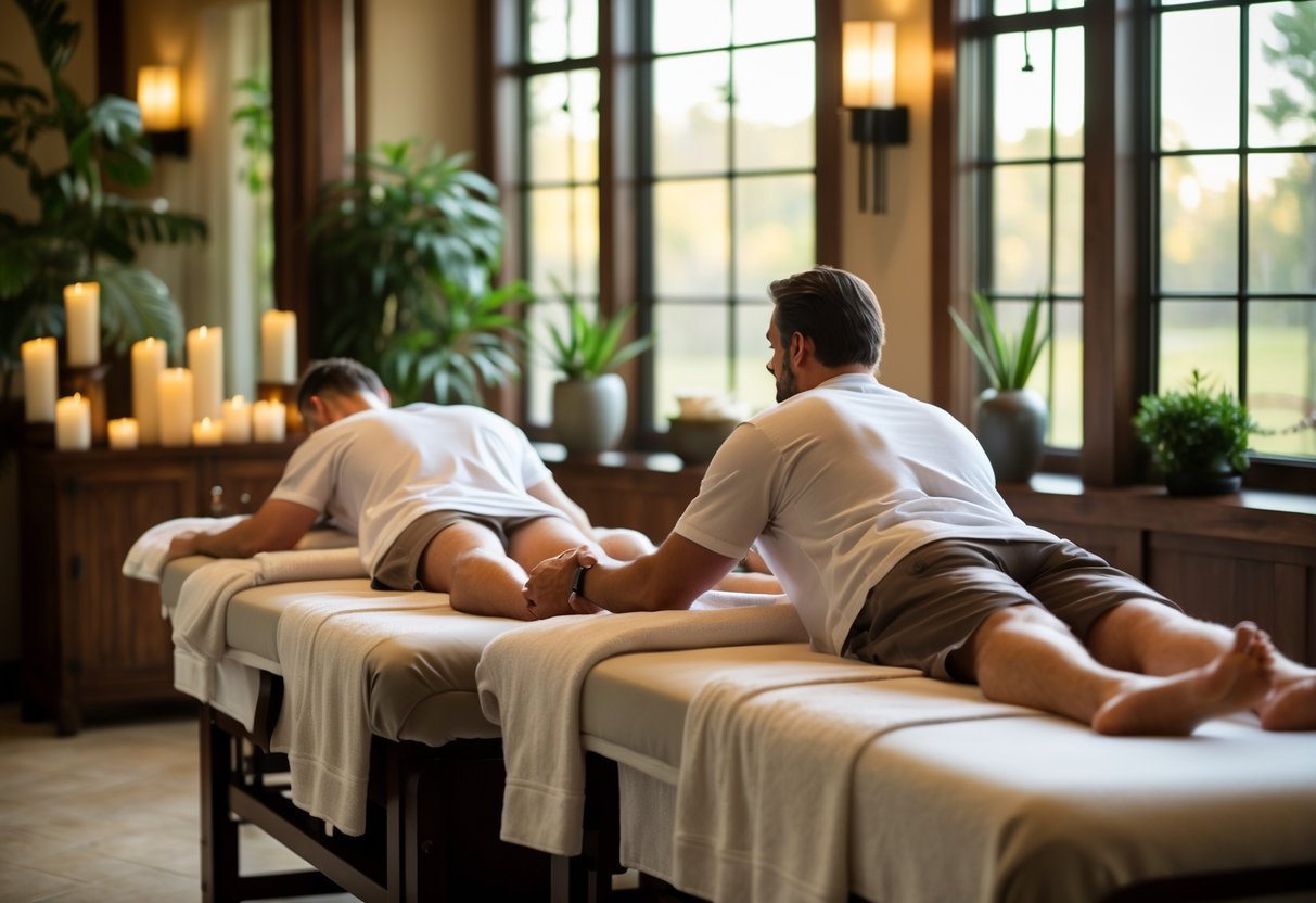 A couple receiving massages side by side in a peaceful spa room.