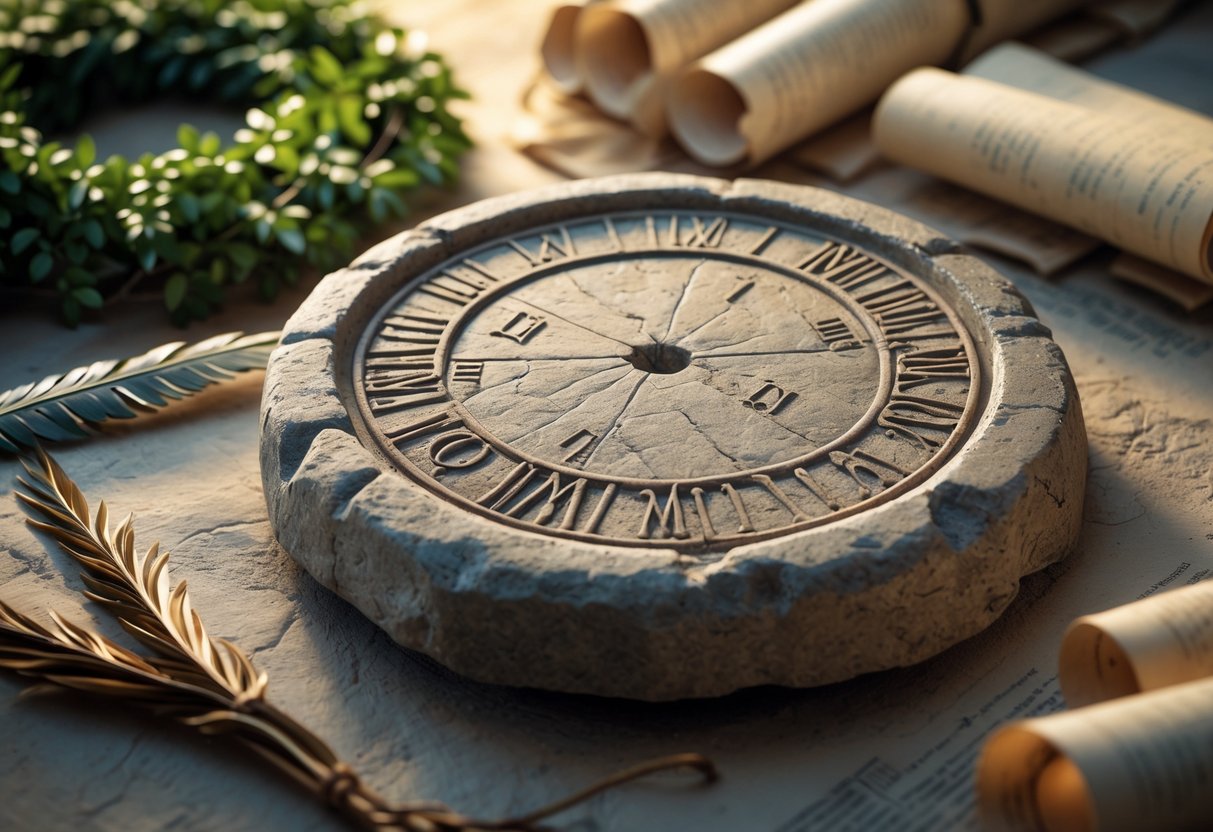 Close-up of an ancient Roman calendar stone with carved numerals and surrounding Roman artifacts like a laurel wreath and scrolls.