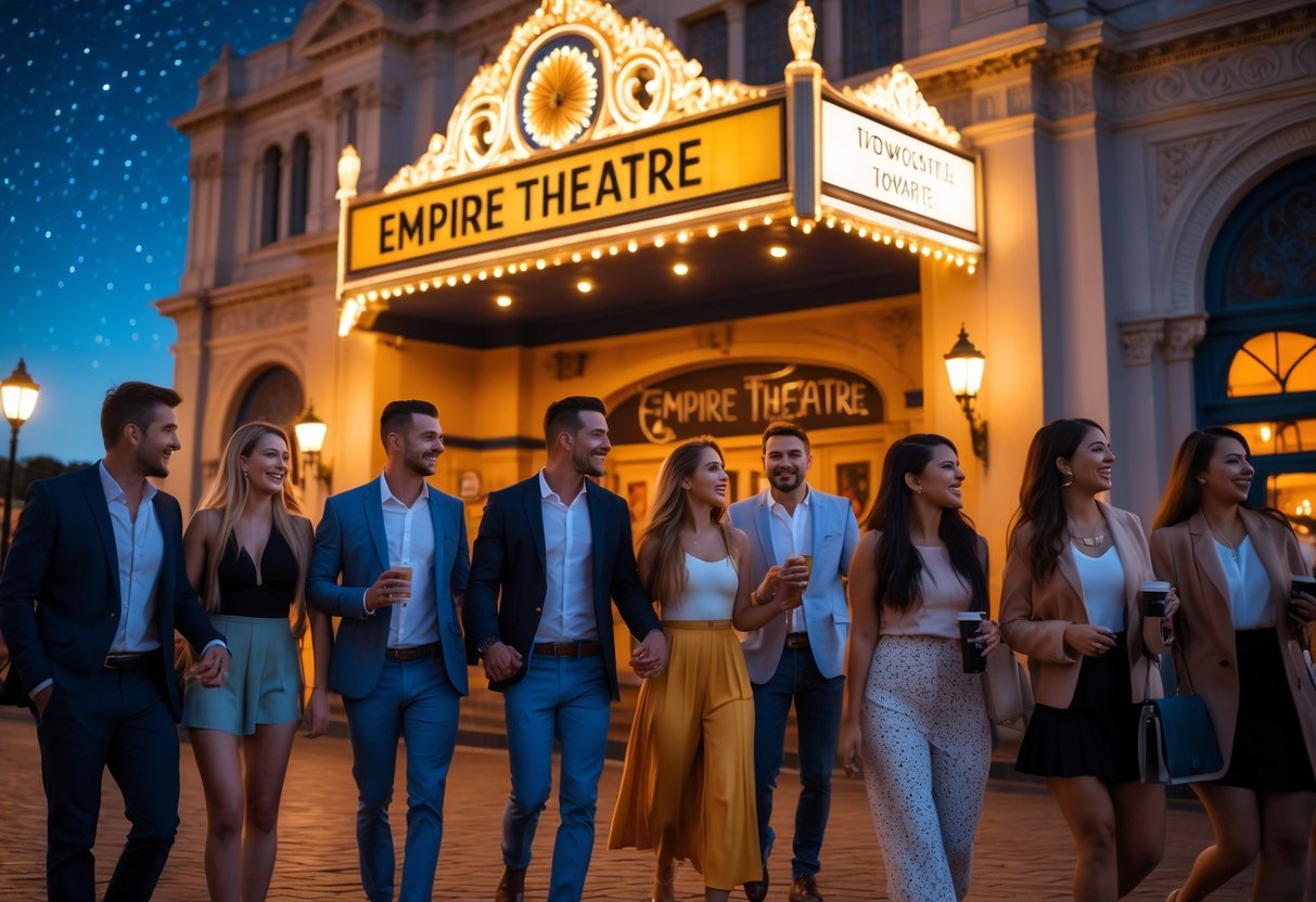 Couples and friends enjoying an evening outside The Empire Theatre with warm lights and historic architecture in the background.