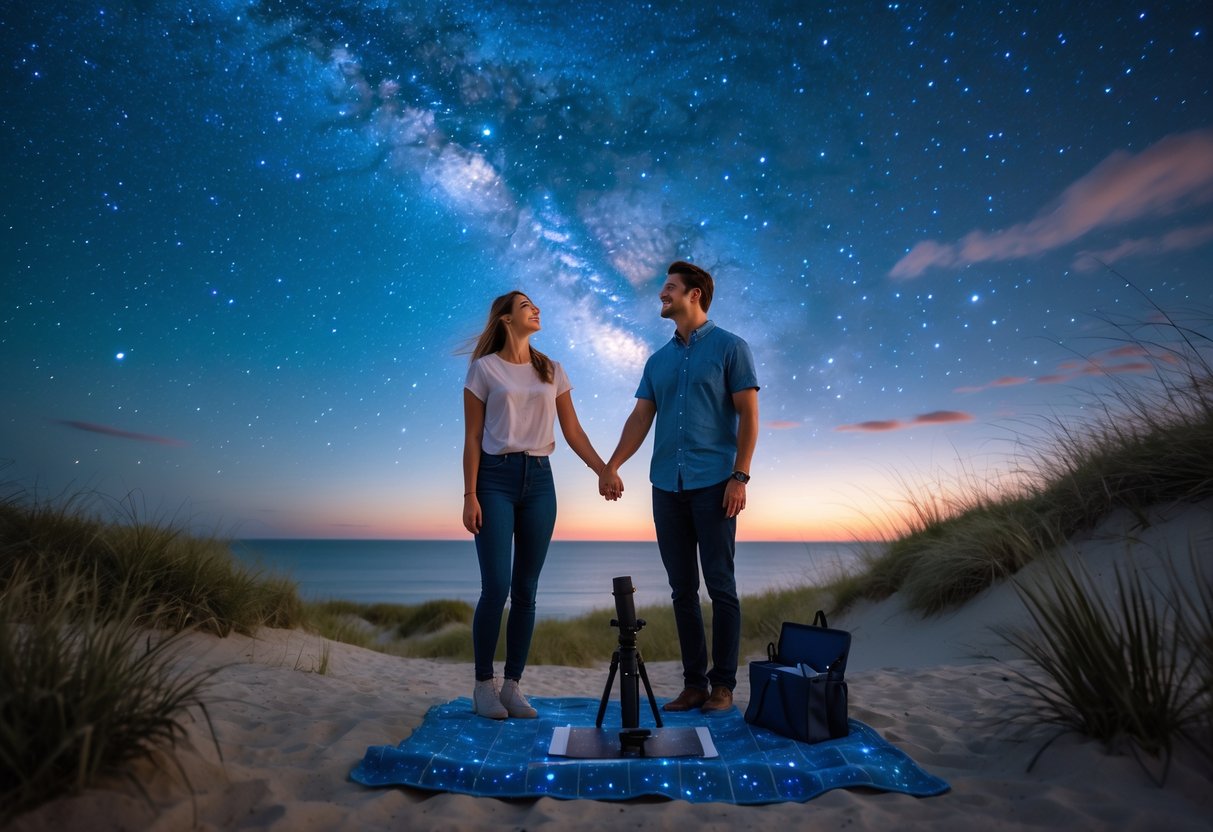 A couple holding hands outdoors at night, looking up at a star-filled sky near the coast.