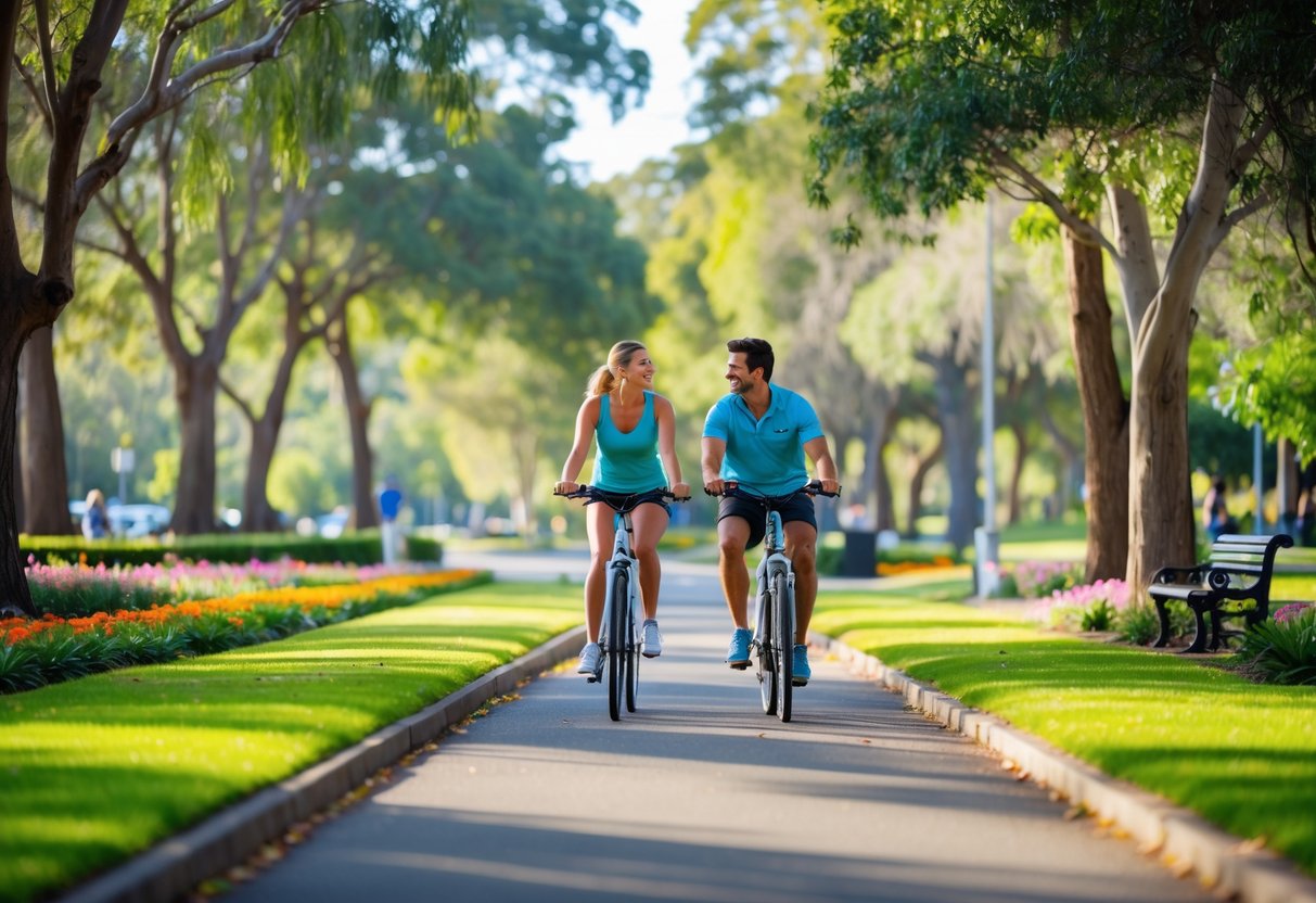 A couple riding bicycles together on a paved path through a green park with trees and flowers.