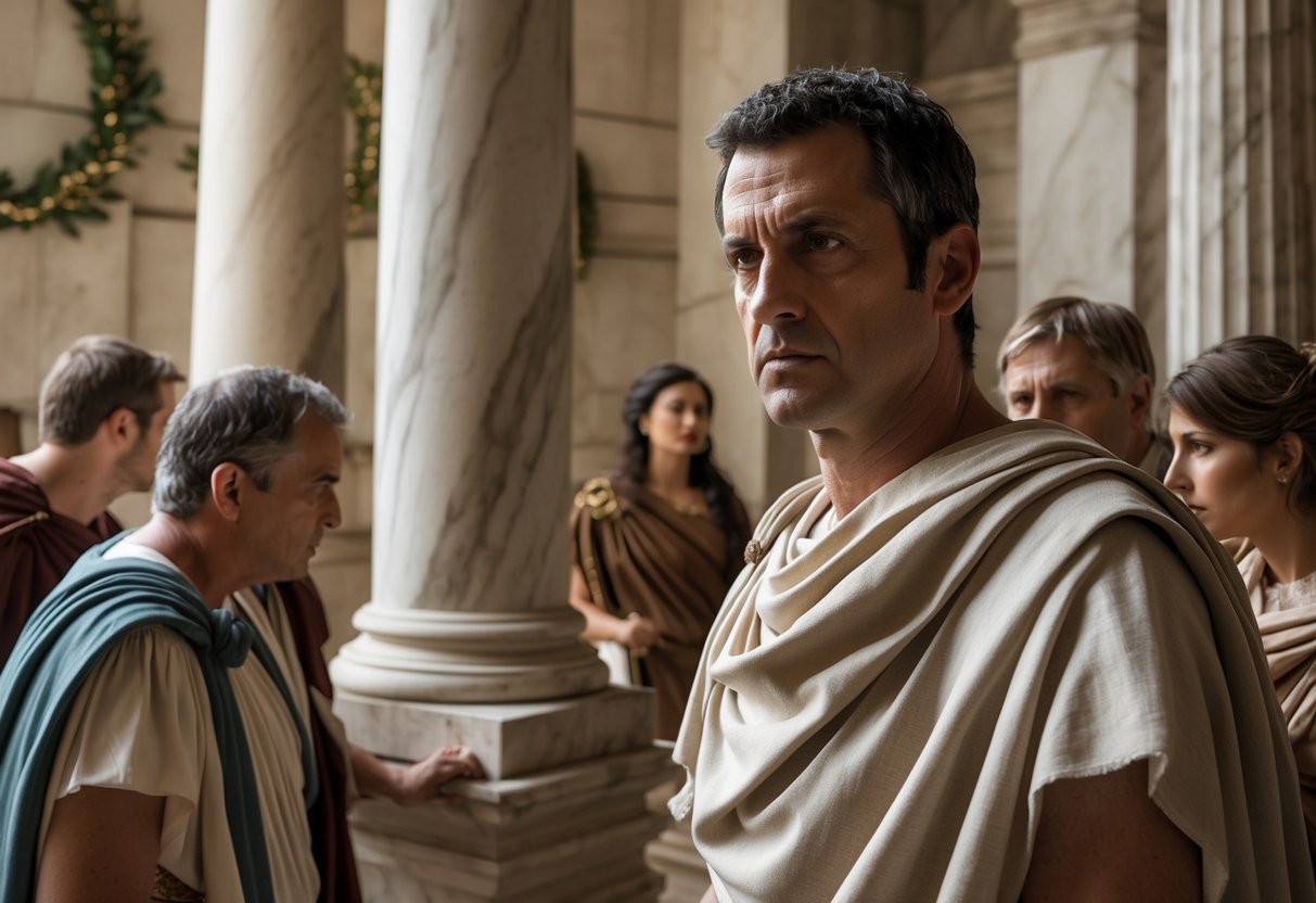 A man in a Roman toga stands in a marble hall surrounded by other Roman figures, conveying a tense and serious atmosphere.