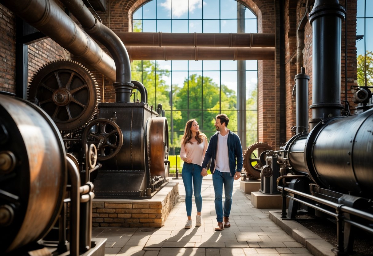 A young couple exploring vintage steam machinery and brick architecture inside the Steam Plant Museum.