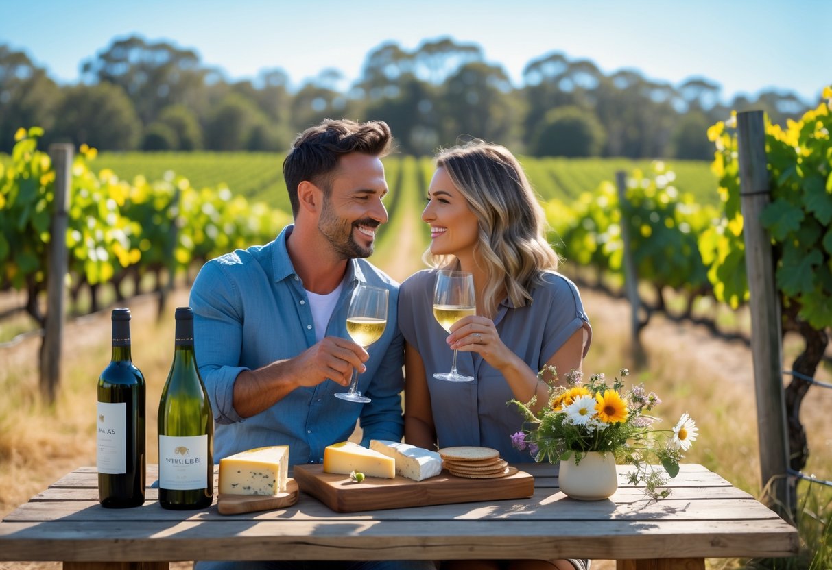 A couple sitting at a wooden table outdoors, enjoying wine tasting at a vineyard with grapevines in the background.