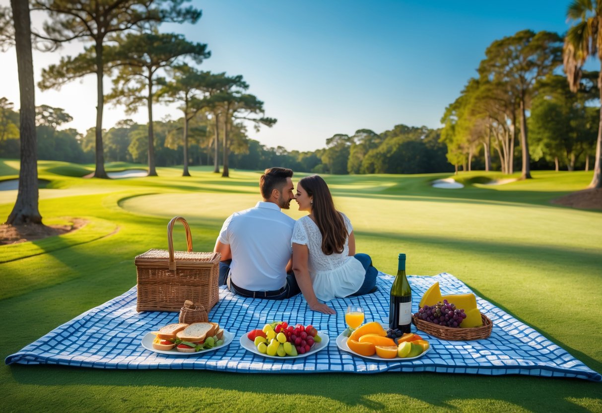 A couple enjoying a picnic on a green golf course with trees and clear sky in the background.
