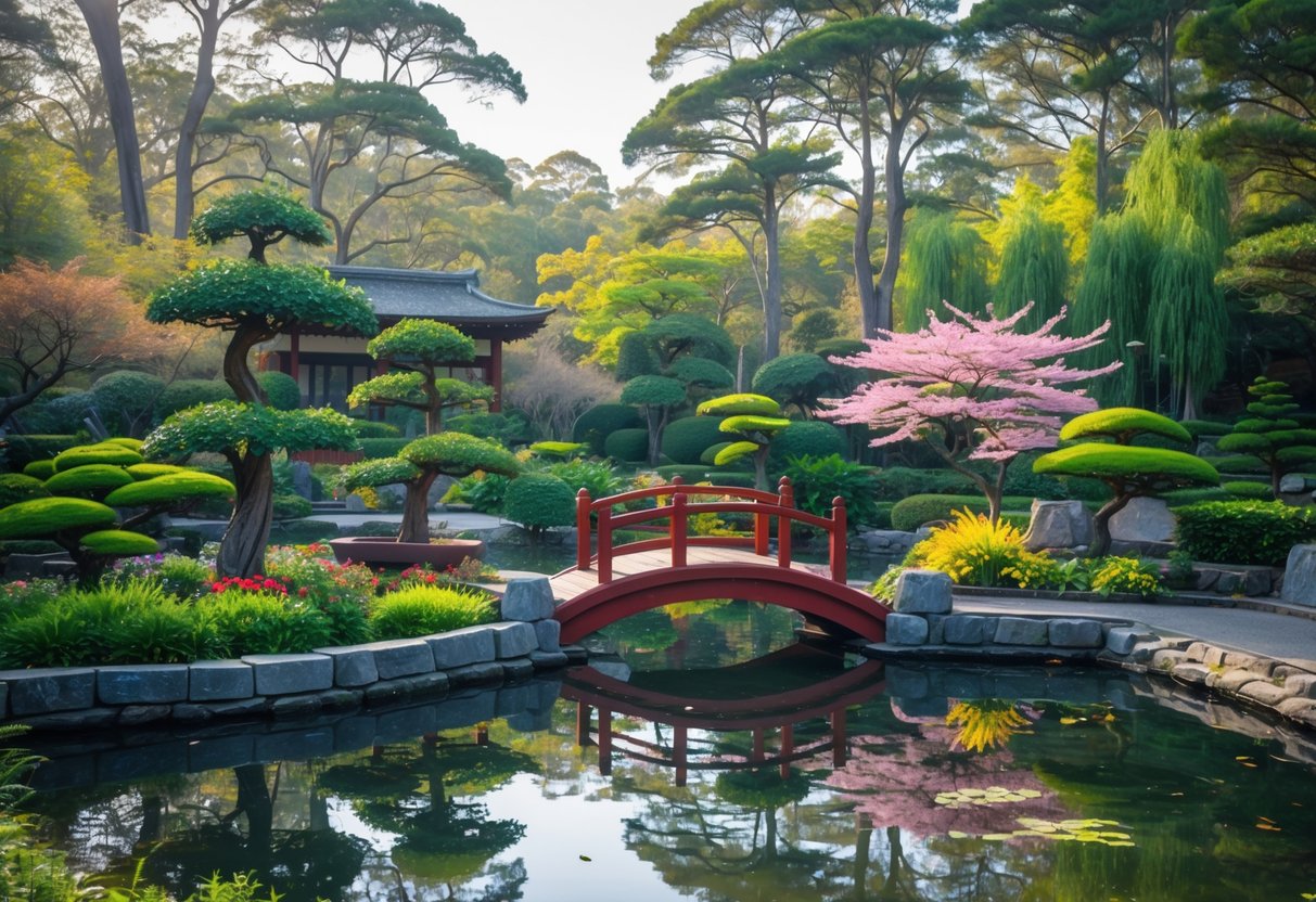 A peaceful Japanese garden with a red arched bridge over a koi pond surrounded by trees and flowers.