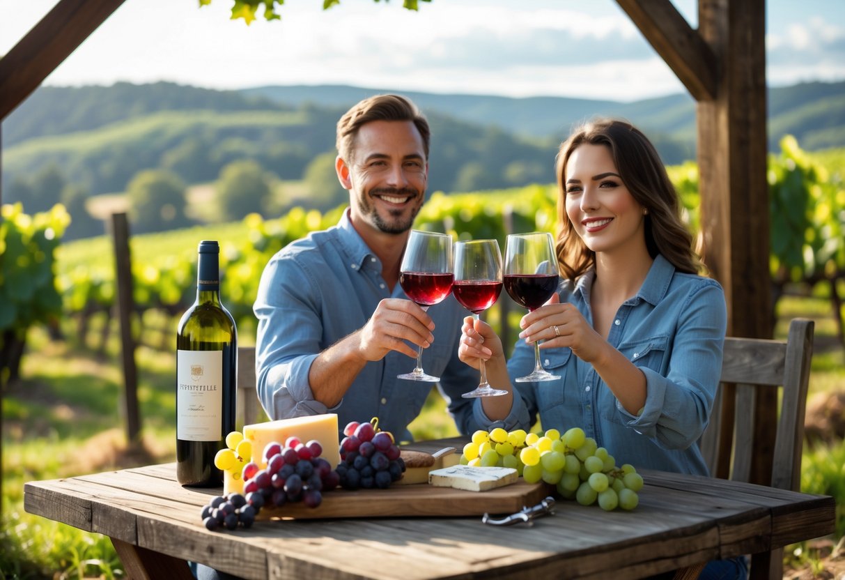 A couple enjoying wine tasting together at an outdoor table surrounded by vineyard scenery.