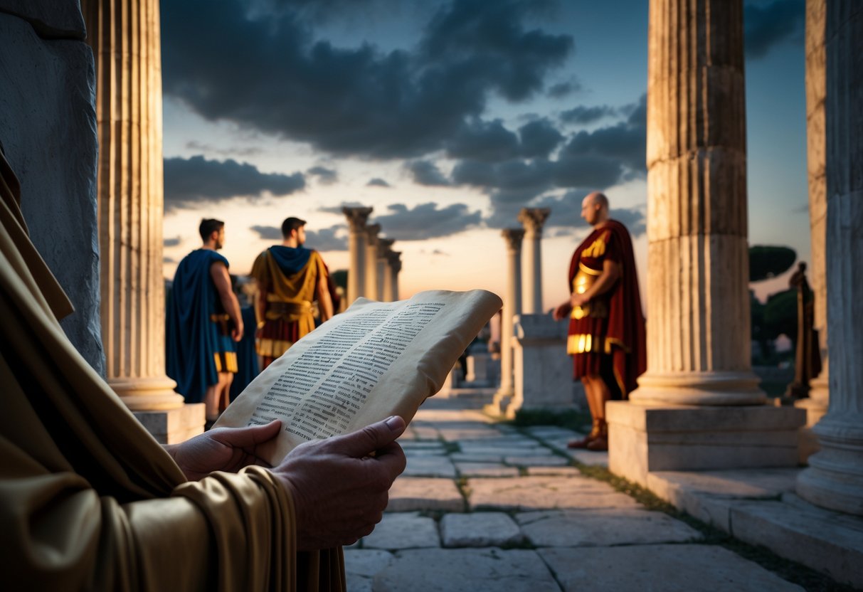 A close-up of a Roman senator's hand holding a scroll with ancient columns and figures in togas in the background under a dramatic sky.