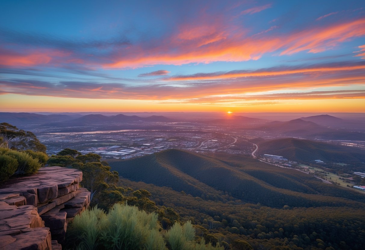Sunset view from Table Top Mountain overlooking Toowoomba with colorful sky, hills, and city below.