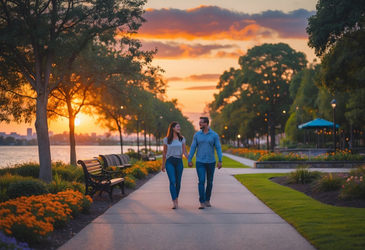 A couple walking hand in hand along a tree-lined path at sunset in a city park near the water.
