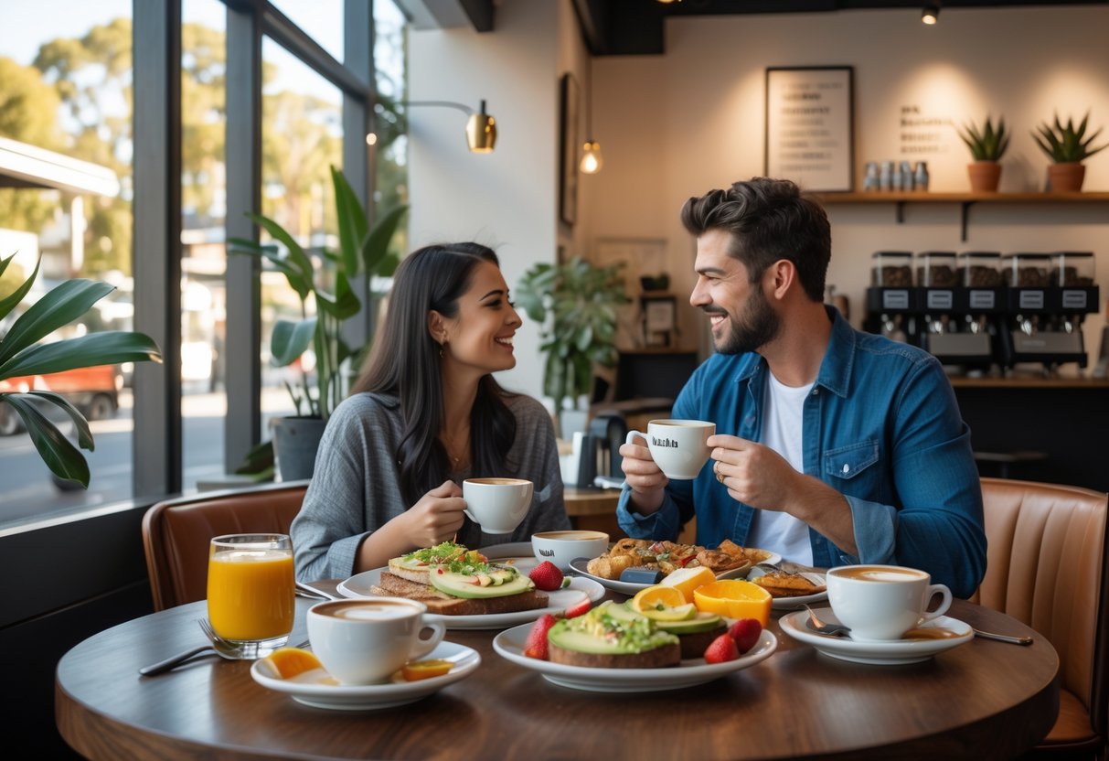 A young couple enjoying brunch together at a cozy café table with coffee and breakfast dishes.