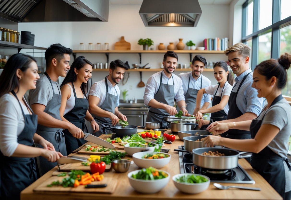 A group of young adults cooking together in a bright, modern kitchen during a cooking class.
