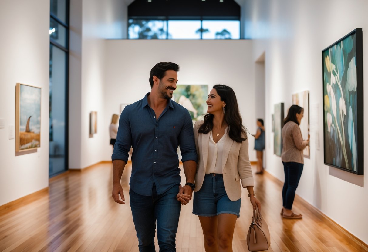 A couple walking and talking inside an art gallery with paintings displayed on the walls and natural light coming through large windows.