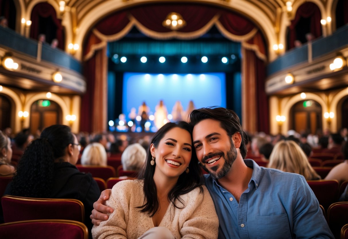 A couple enjoying a live show together inside a warmly lit theatre with other audience members watching the performance.
