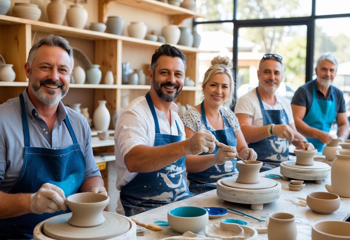 A group of adults making pottery together in a bright studio, shaping clay on wheels and painting ceramics.
