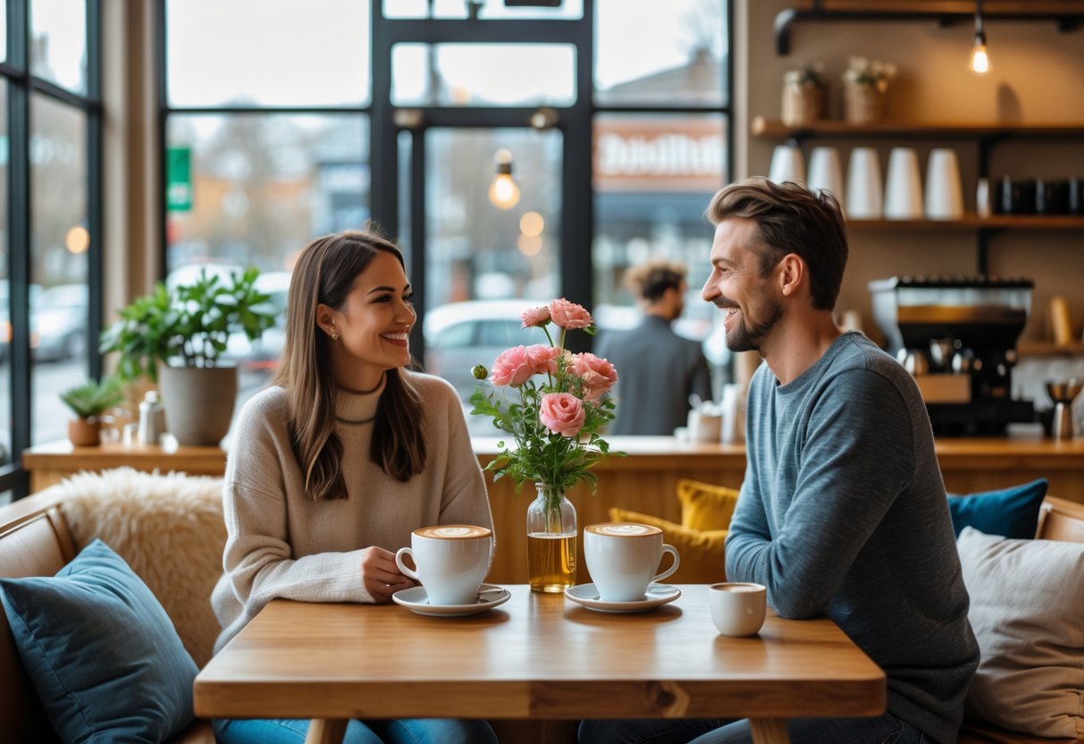 A young couple enjoying coffee together at a wooden table inside a bright and cozy coffee shop.