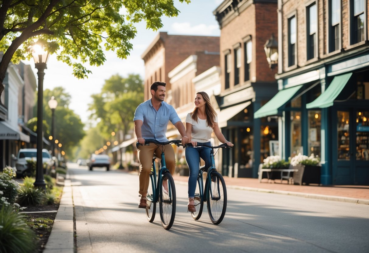 A couple riding bicycles together on a sunny day through a lively Uptown Rockingham street with shops and trees.