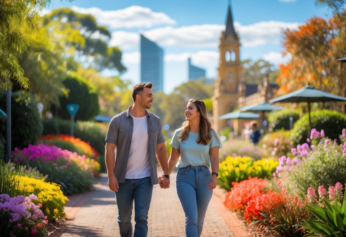 A young couple walking hand-in-hand along a flower-filled garden pathway in Toowoomba on a sunny day.