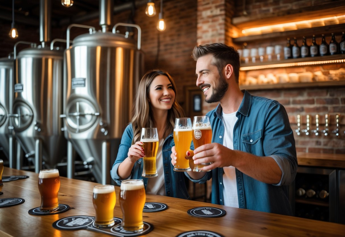 A young couple enjoying a craft brewery tour, tasting beers and smiling inside a rustic brewery with fermentation tanks and wooden barrels.
