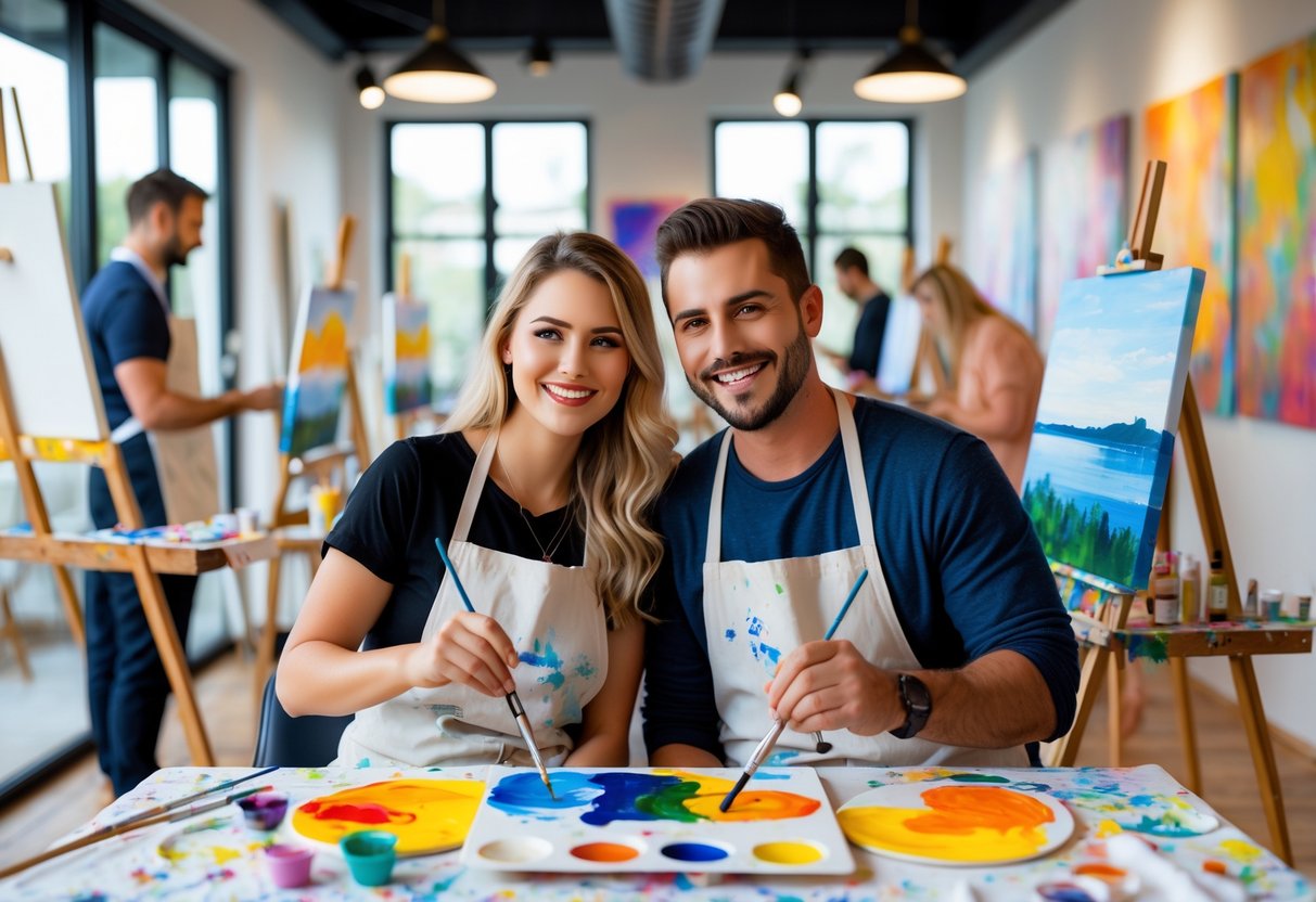 A couple painting together at an art workshop, smiling and focused on their canvases in a bright studio.