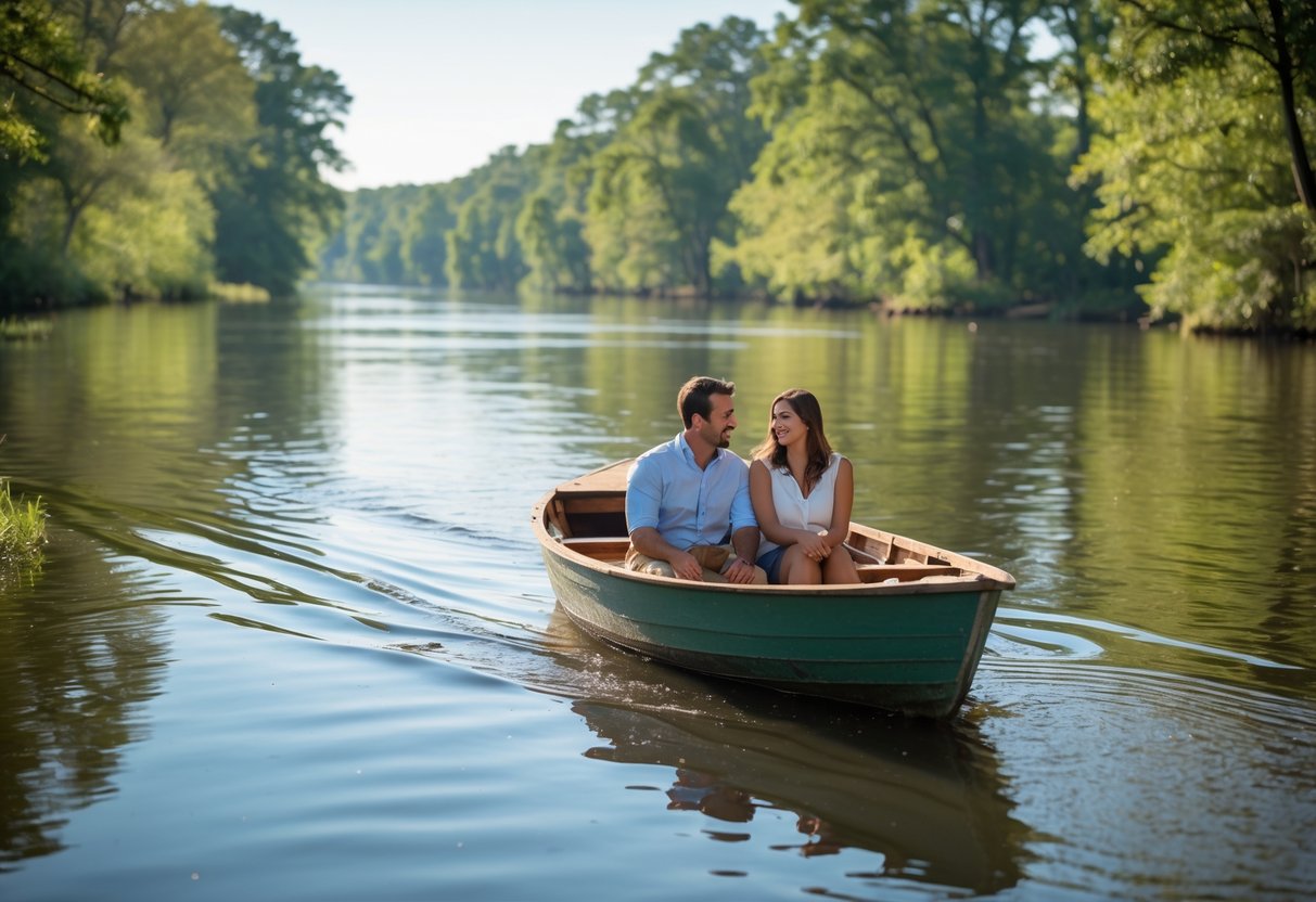 A young couple enjoying a romantic boat ride on a calm river surrounded by green trees.
