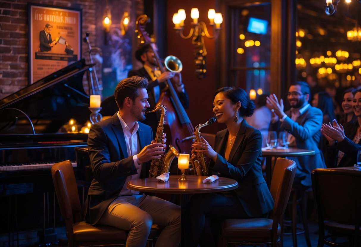 A couple enjoying a live jazz performance in an intimate club setting with musicians playing on stage and other patrons seated around them.