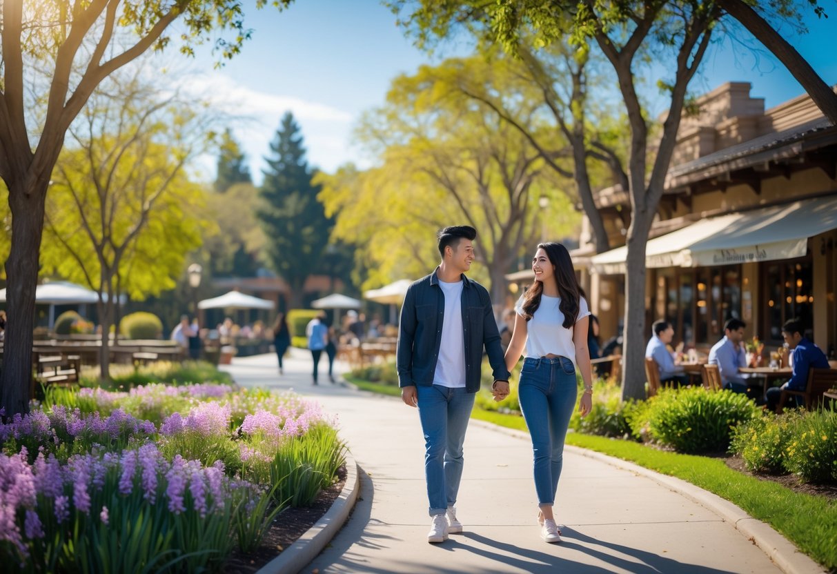 A young couple walking hand-in-hand along a tree-lined path in a sunny park in Roseville, California, with a café in the background.