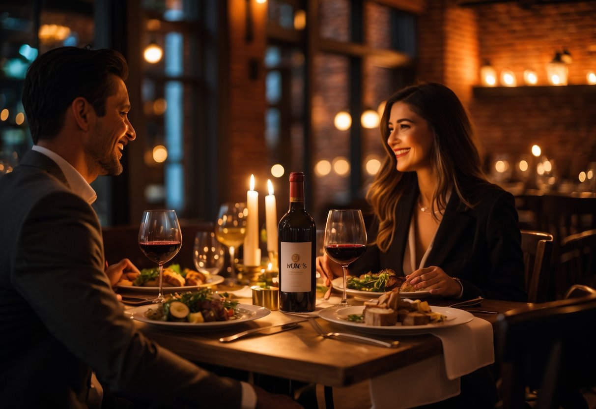 A couple enjoying a romantic dinner at a cozy restaurant with warm lighting and rustic decor.