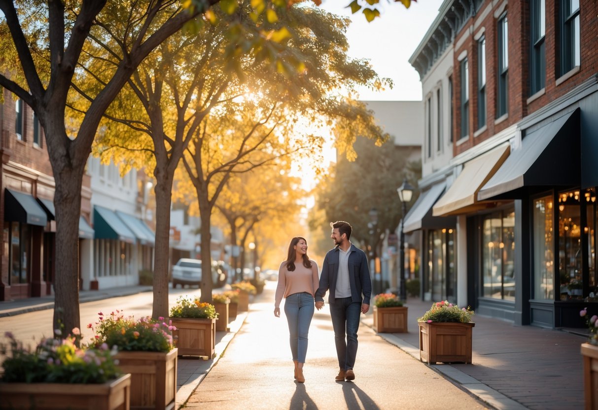 A young couple holding hands and walking along a tree-lined street in downtown Roseville with historic buildings and shops in the background.