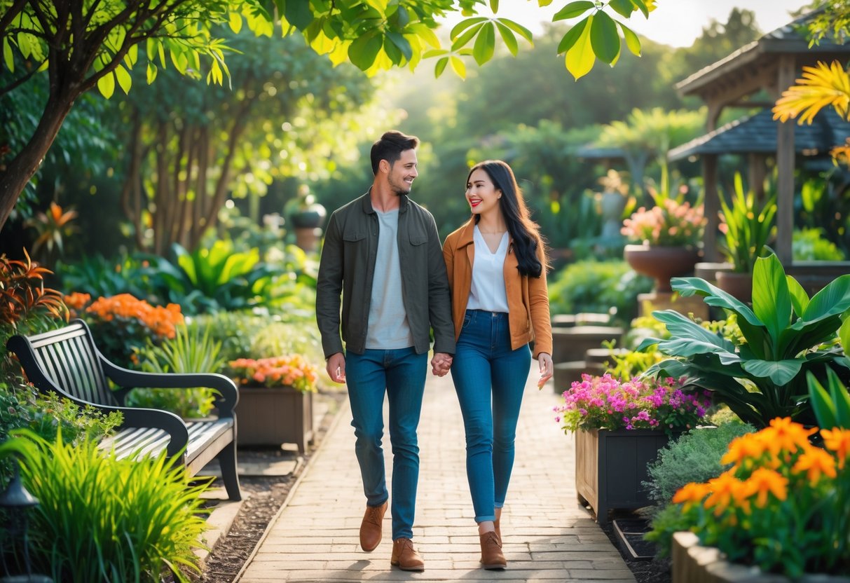 A young couple walking and smiling together on a path surrounded by green plants and flowers in a botanical garden.