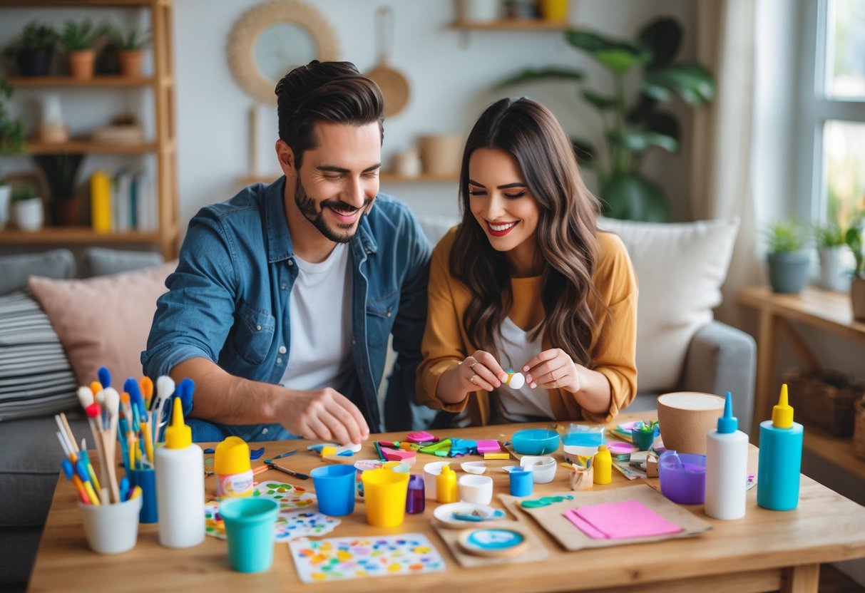 A couple working together on a DIY craft project at a table filled with colorful craft supplies in a cozy living room.
