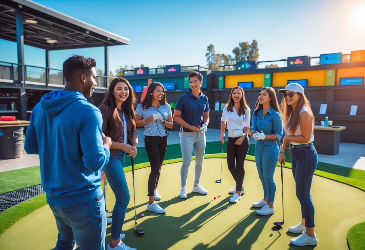 A group of young adults enjoying a sunny day playing golf at a modern Top Golf driving range with green turf and seating areas.