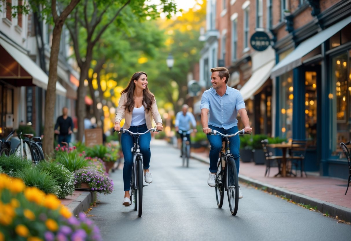 A young couple riding bicycles together on a tree-lined city street with shops and cafes in the background.