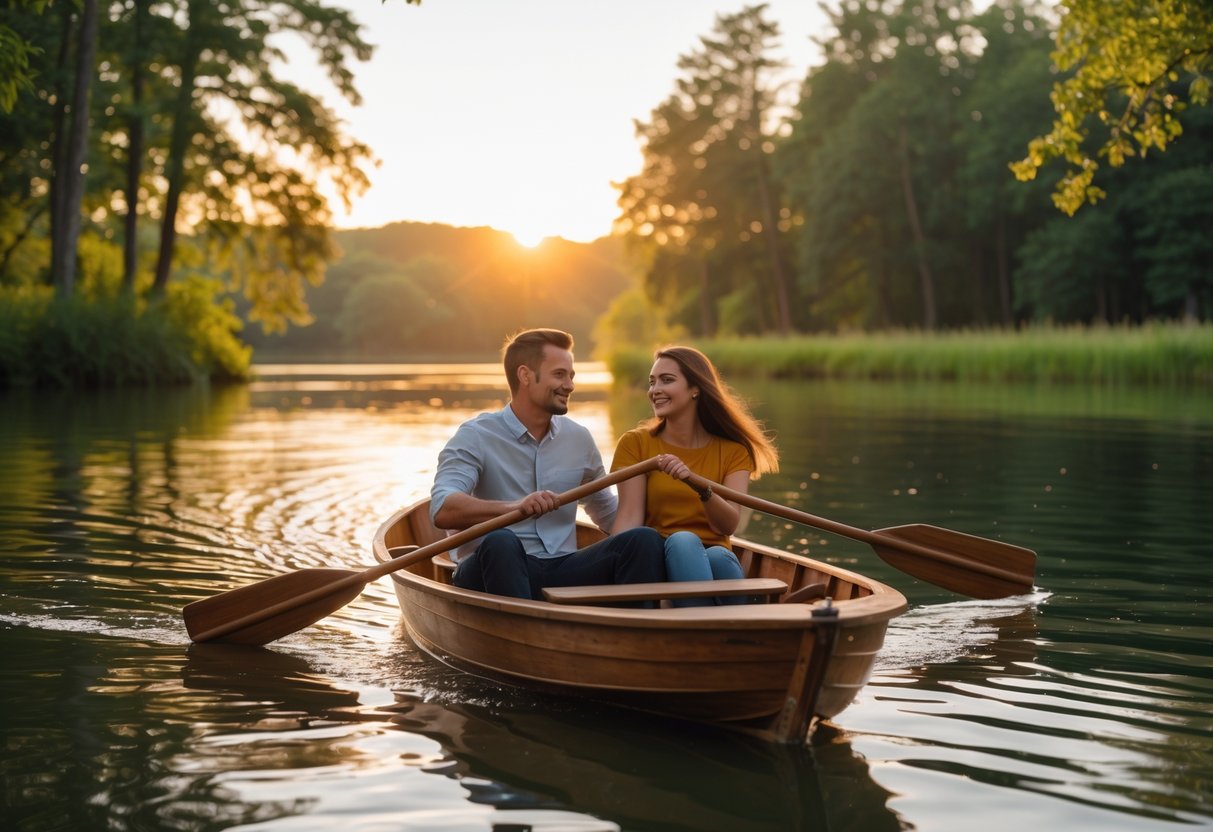 A young couple enjoying a peaceful boat ride on a calm lake surrounded by trees during sunset.