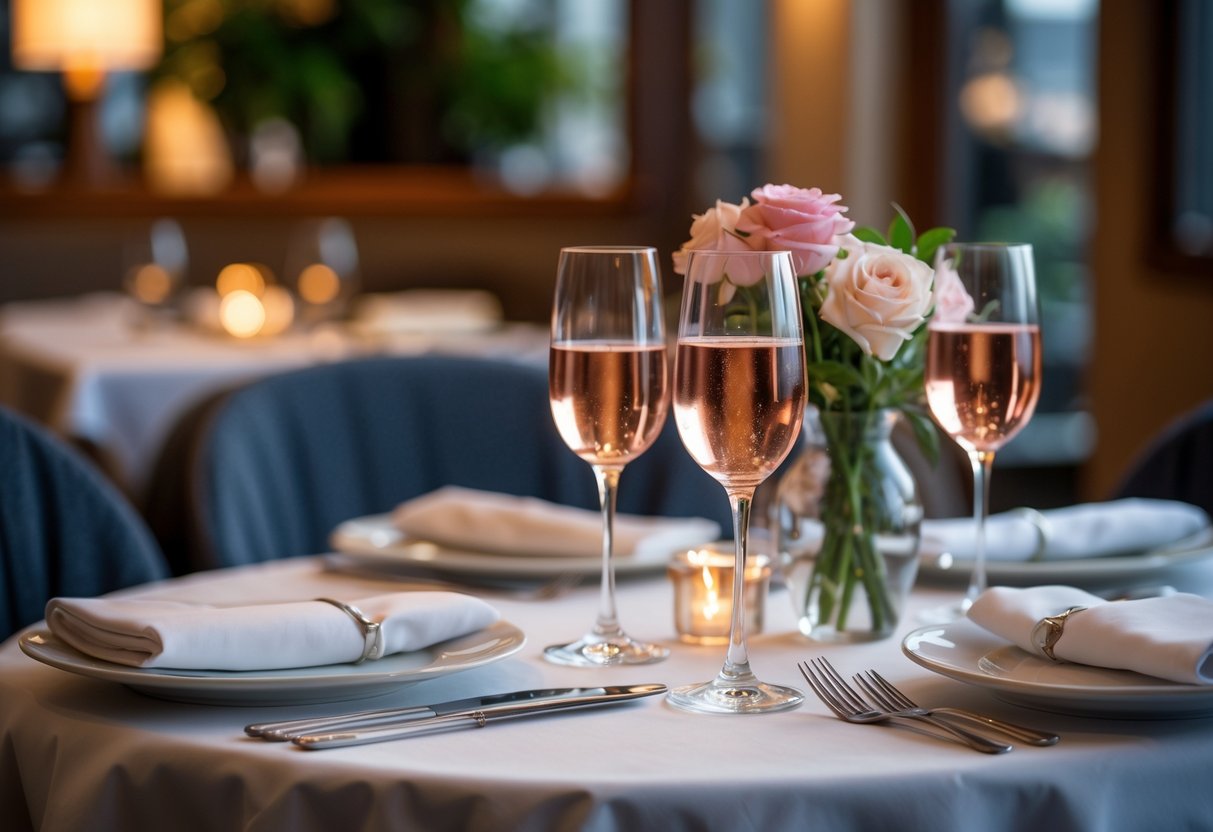 A romantic table set for two with wine glasses and flowers in an elegant restaurant.