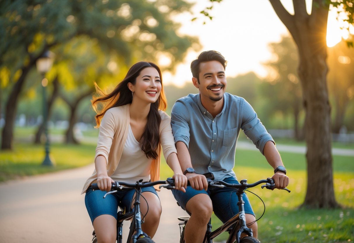 A couple riding bicycles together in a park, smiling and enjoying an outdoor activity.