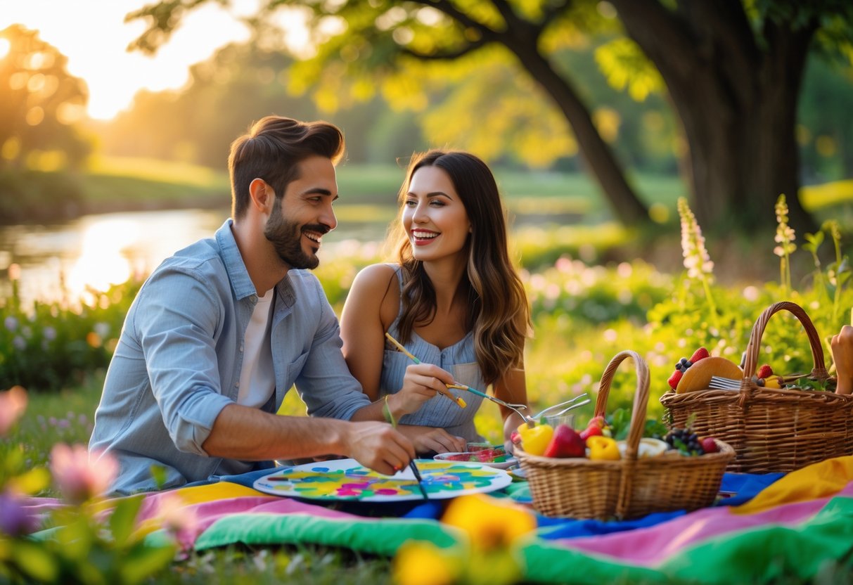 A couple enjoying a creative outdoor date, painting together on canvases in a park surrounded by trees and sunlight.