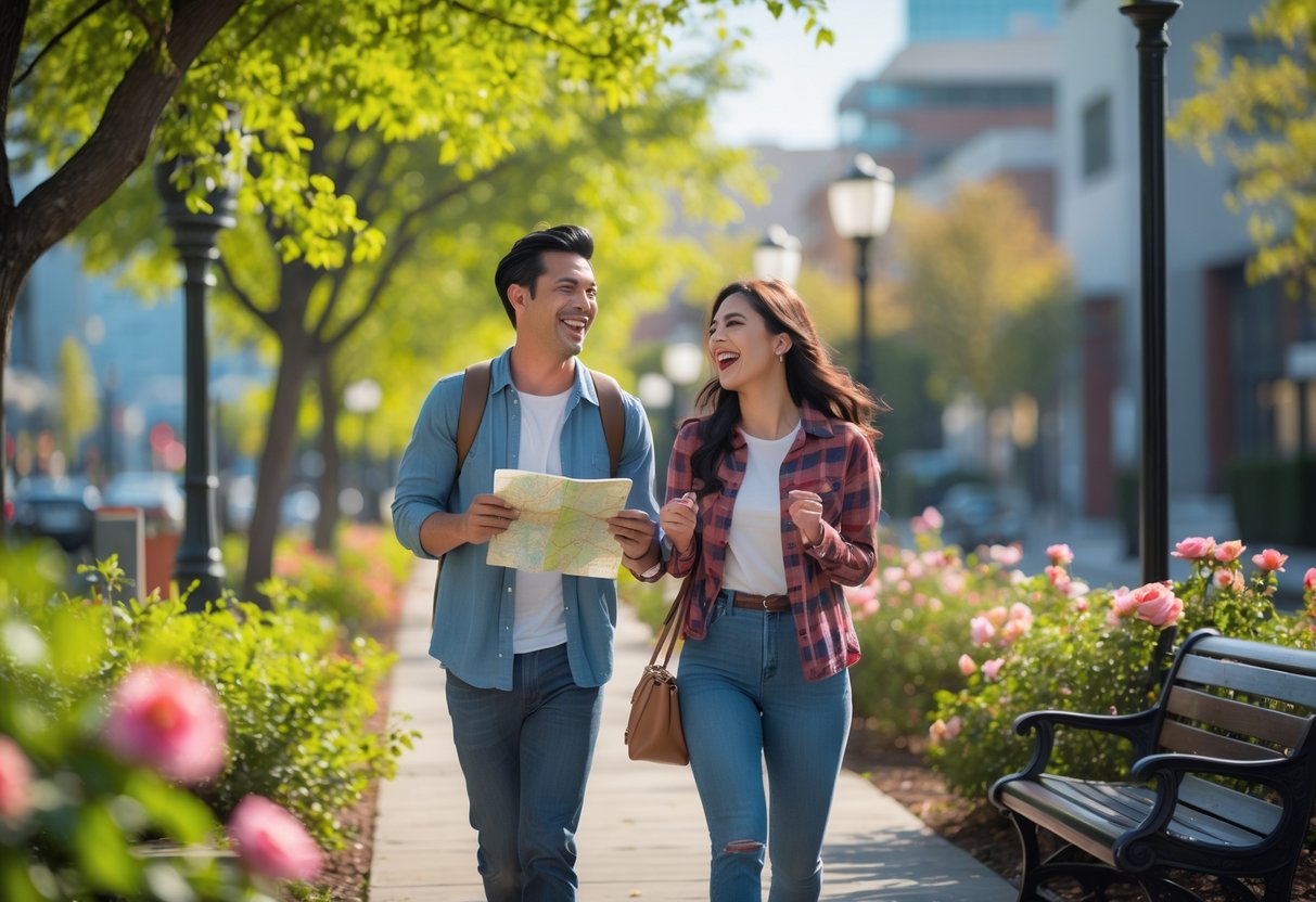A young couple walking together in a park, holding a map and smiling while exploring outdoors.