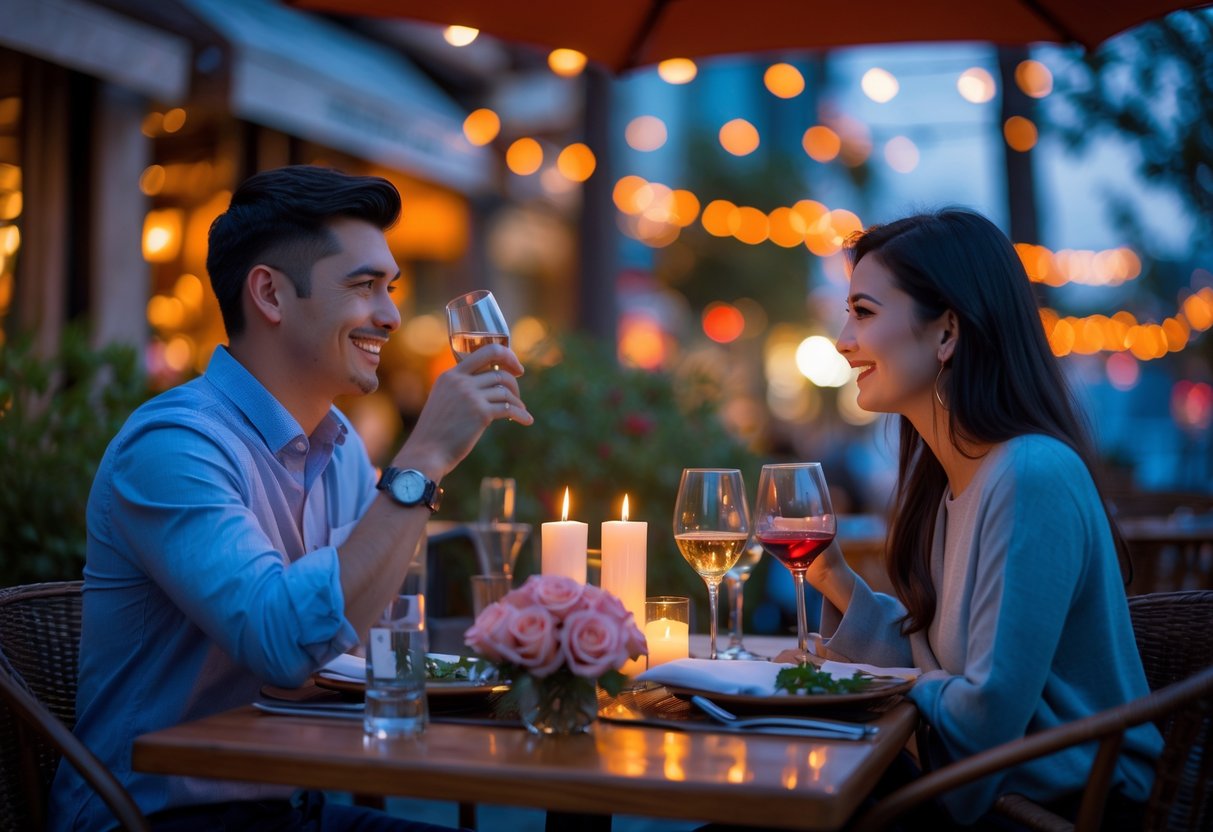 A young couple enjoying a romantic outdoor dinner at a cozy restaurant with warm lighting and a charming street background.