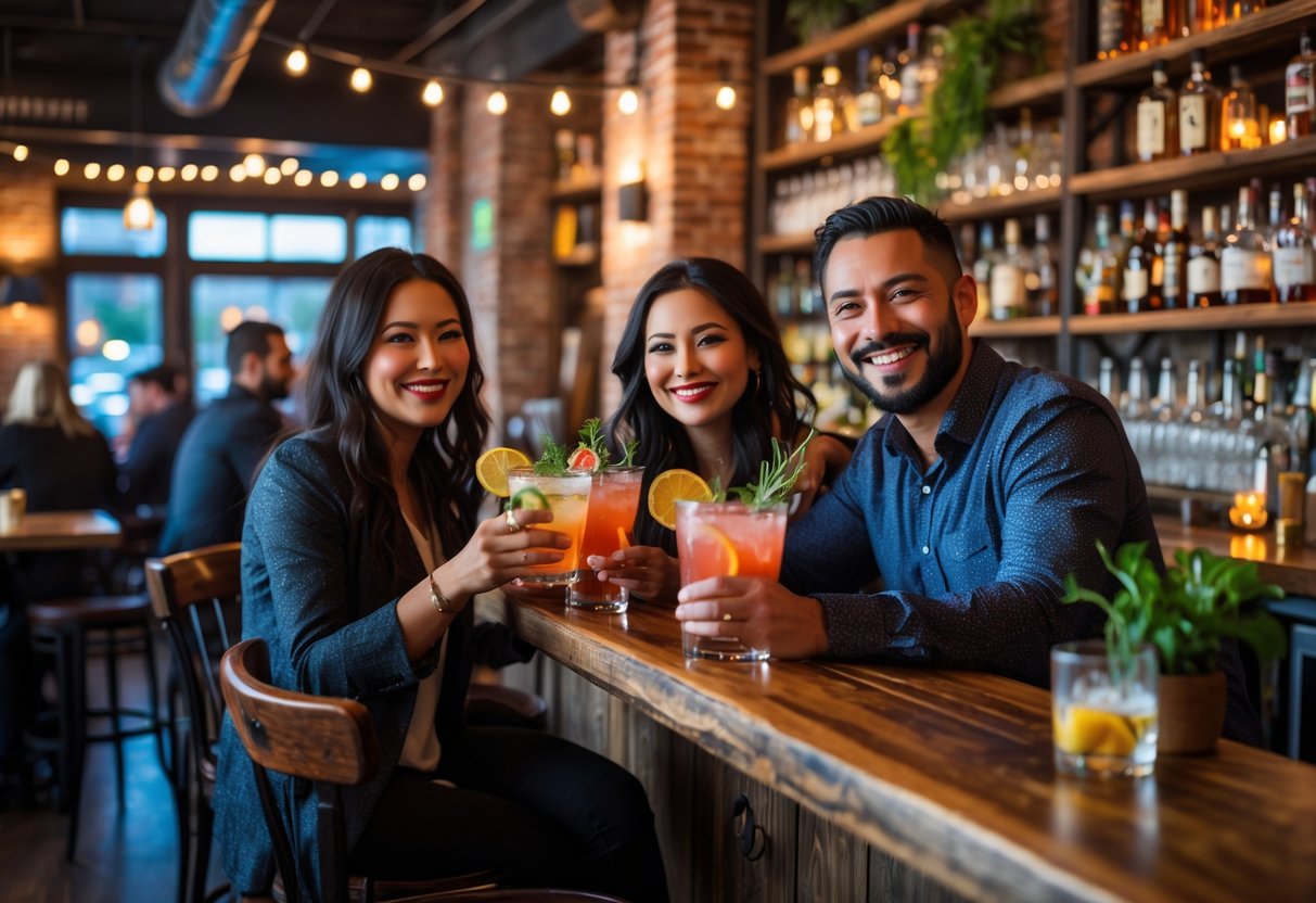 A couple enjoying cocktails at a cozy downtown bar with warm lighting and rustic decor.
