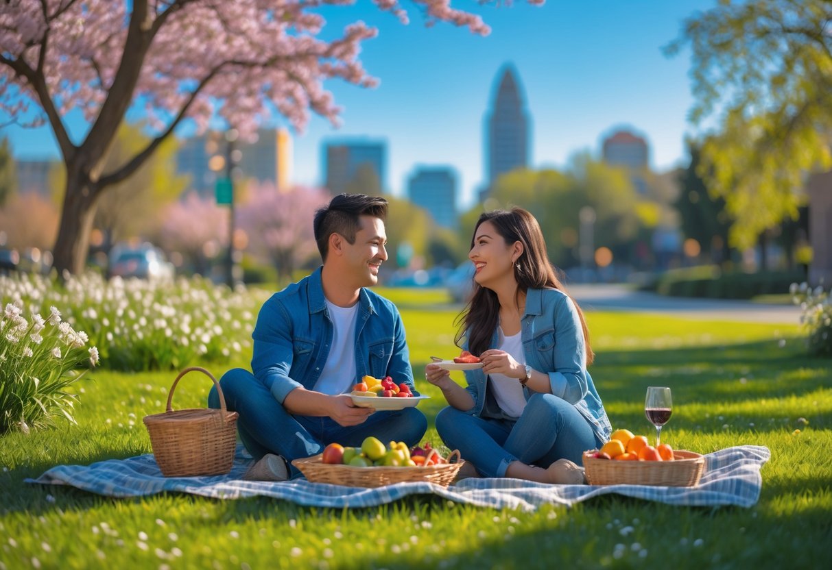 A young couple sharing a picnic in a sunny park with flowers and greenery, enjoying a romantic date outdoors.