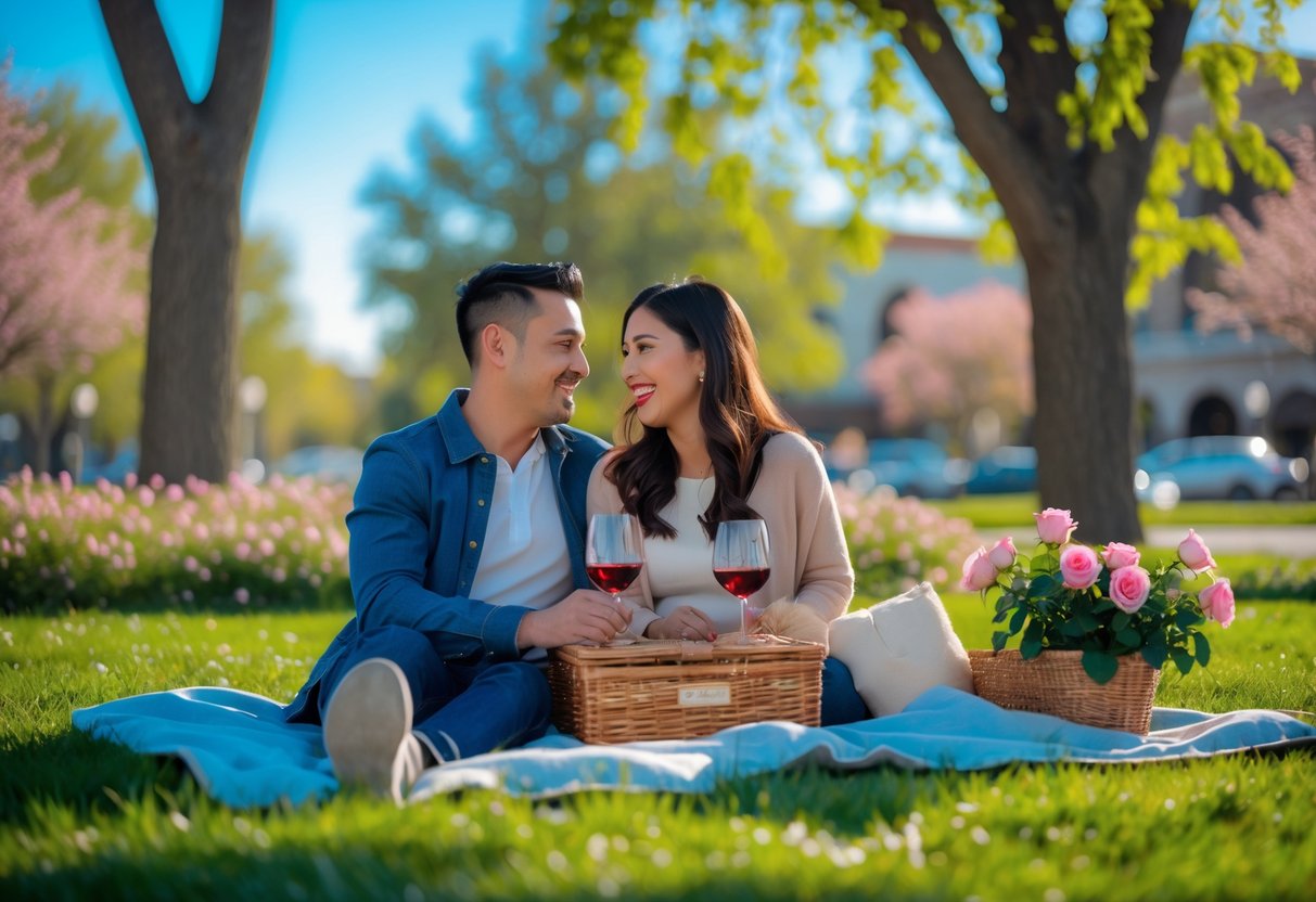 A couple having a picnic together in a green park with flowers and trees on a sunny day.