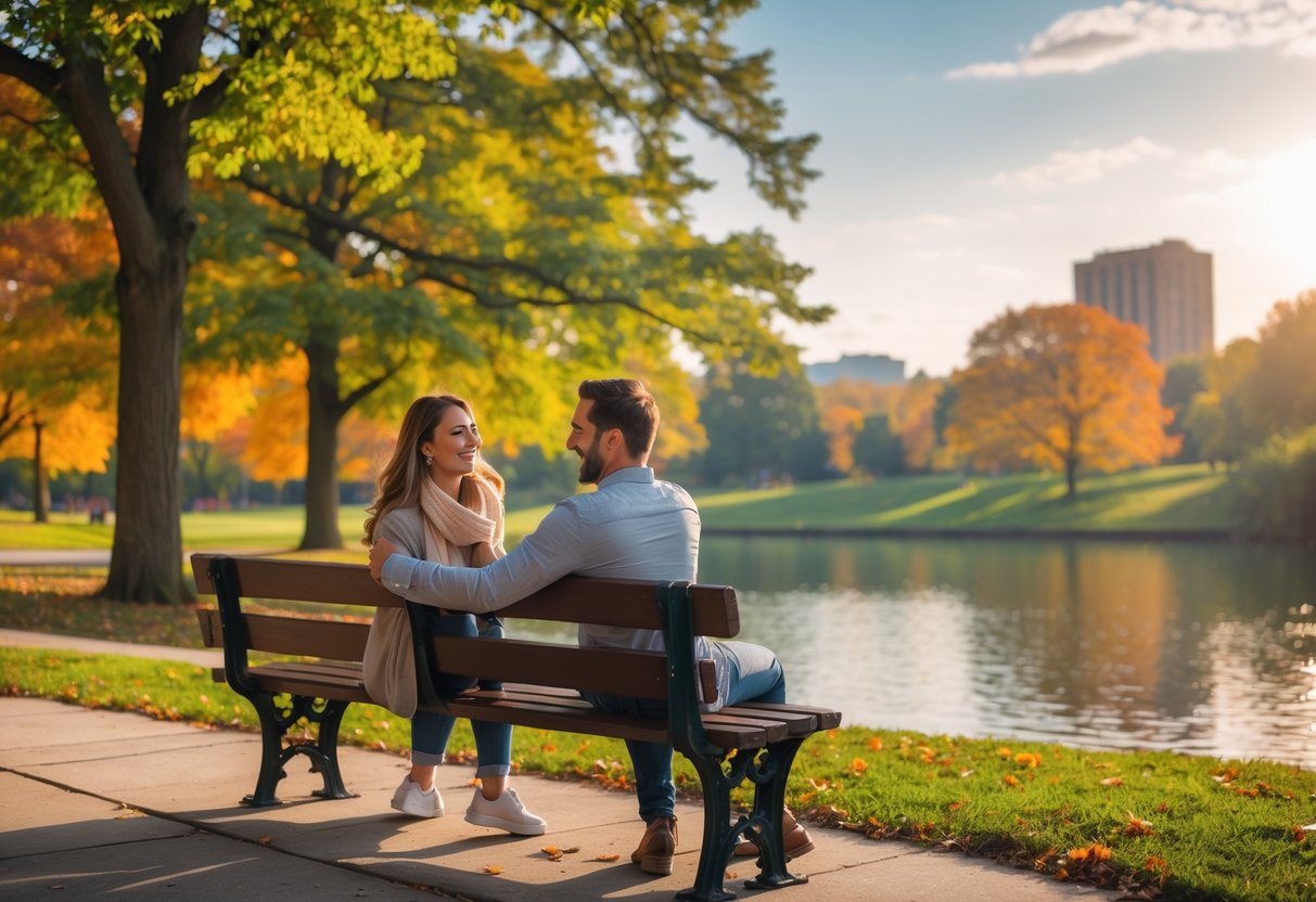 A couple sitting on a bench by a lake in a park, smiling and enjoying a sunny day surrounded by trees and autumn leaves.